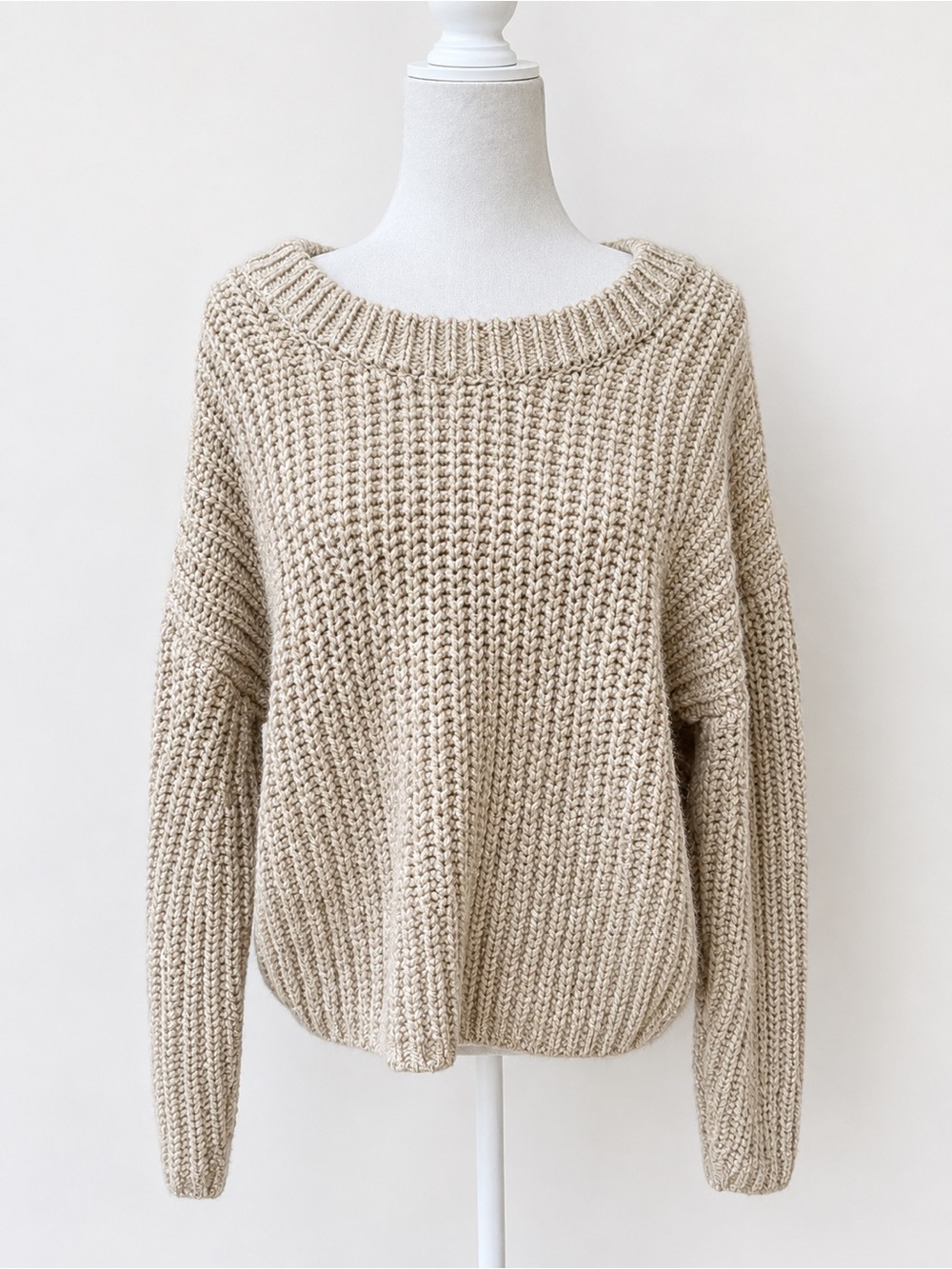 Aerie S/P Beige Chunky Knit Oversized Crewneck Sweater Fisherman